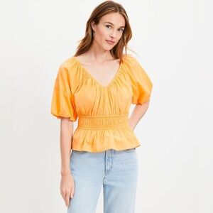 NWT Loft Gathered Waist V-Neck Blouse puff sleeve 3/4 tangerine